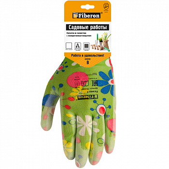 PR-PU054 Перчатки «Для садовых работ», полиэстер, полиуретановое покрытие, разноцветные, микс цветов №1, в и/у, 8(М), Fiberon