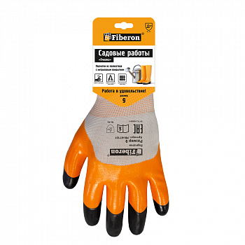 PR-NT101 Перчатки «Для садовых работ - Пчелка», полиэстеровые, нитриловое покрытие, оранж+черный, в и/у, 9(L), Fiberon